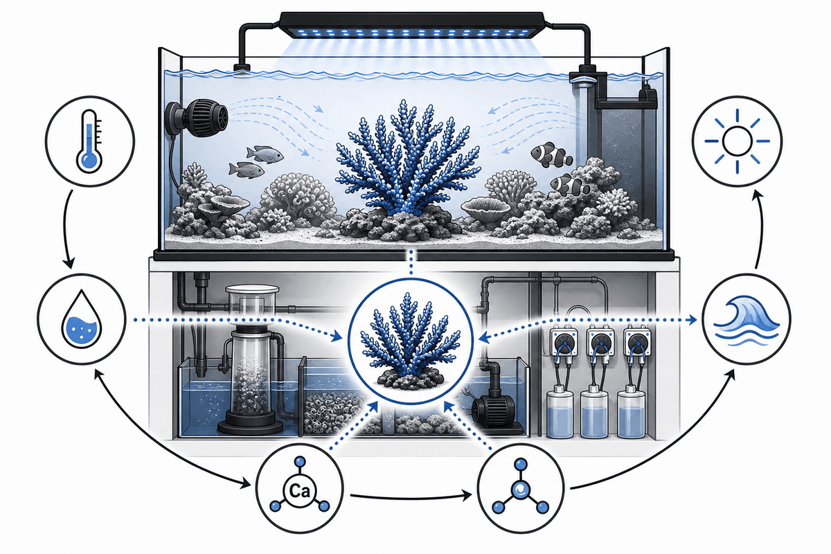 System diagram linking key water parameters and flow stability to Acropora health