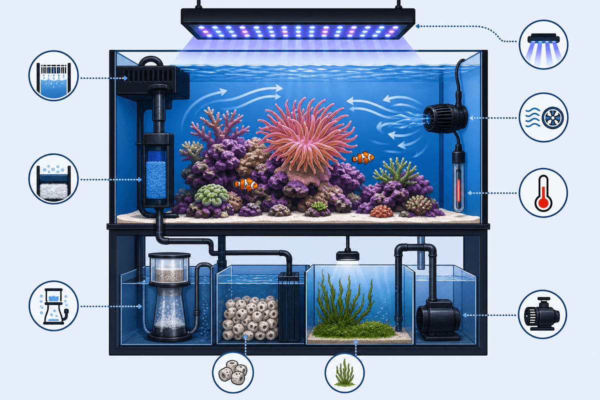 Schéma de configuration type reliant lumière, brassage et filtration à la survie d’une anémone.