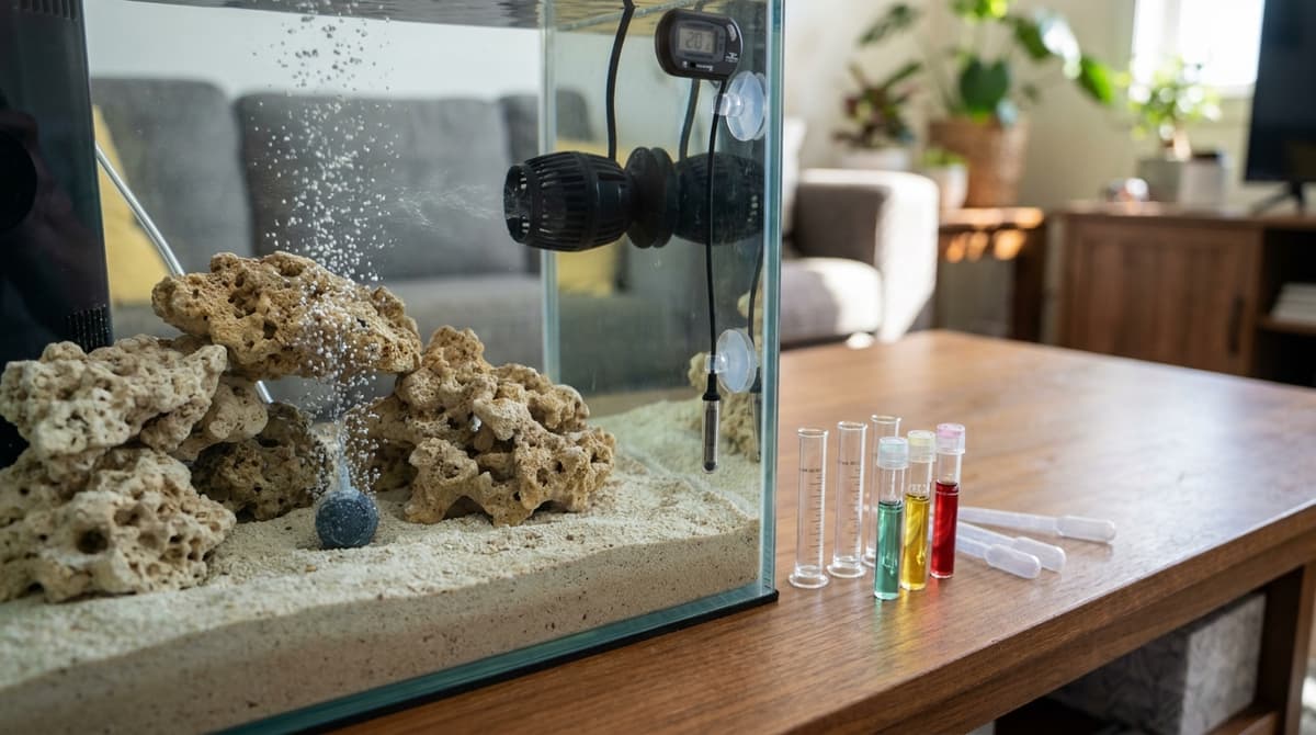 Installation pour le cyclage sans poisson d’un bac récifal, avec tests d’eau et matériel de brassage.
