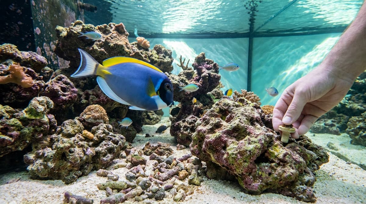 Poisson chirurgien en milieu type de bac récifal (repères visuels de taille et d’espace).