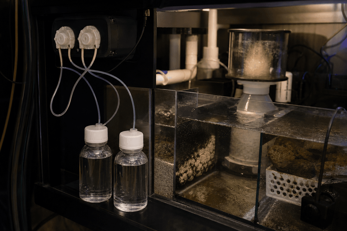 Installation de dosage pour la méthode Balling dans un aquarium récifal (visuel de principe).