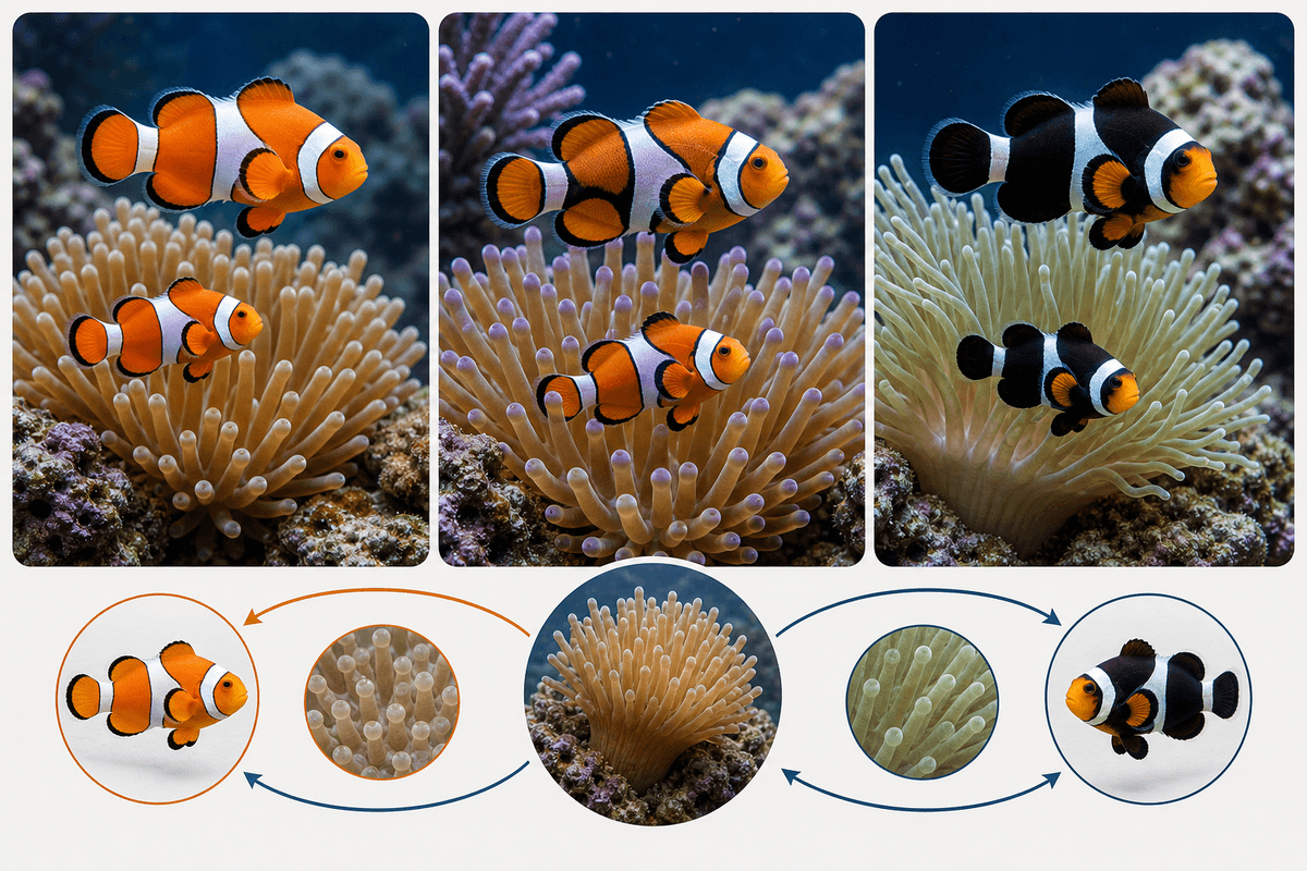 Vue comparative des espèces/morphotypes de poissons-clowns et de leur symbiose avec l’anémone.