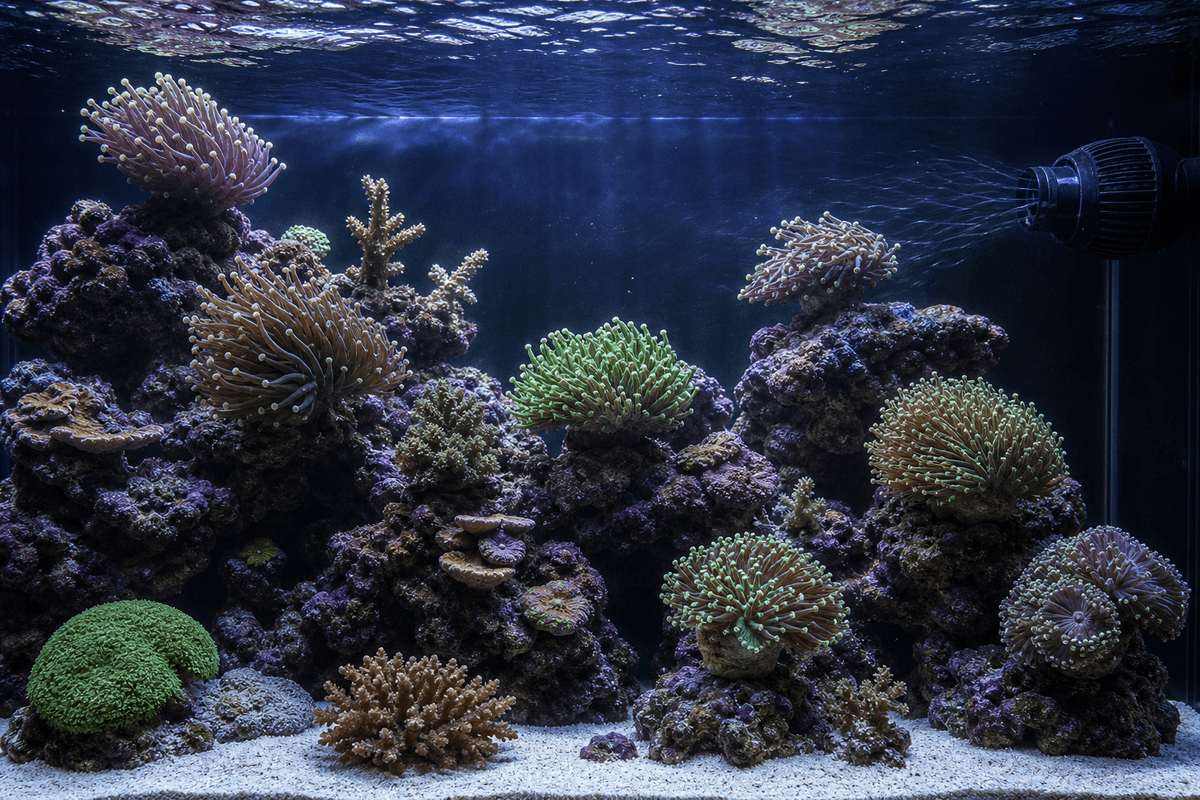 Example aquarium placement of Euphyllia relative to flow and lighting.