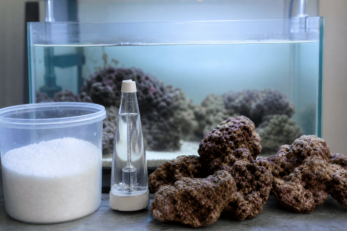 Ingrédients et mesure de salinité lors de la préparation d’eau de mer.