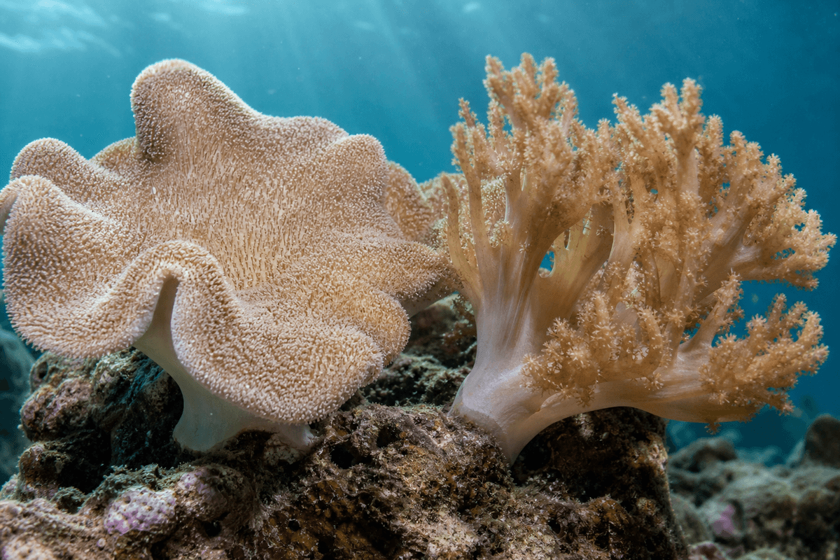 Sarcophyton and Sinularia on a coral reef, showing contrasting leather-coral textures.