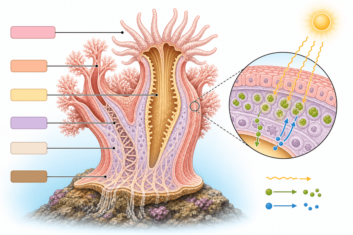 Cross-section anatomy of leather soft corals and symbiotic microalgae.