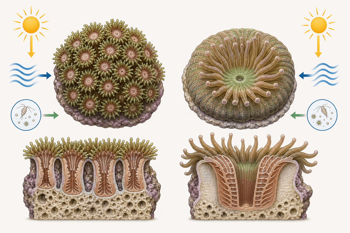 Comparative schematic of Goniopora and Catalaphyllia polyp structure and care factors (icons only).