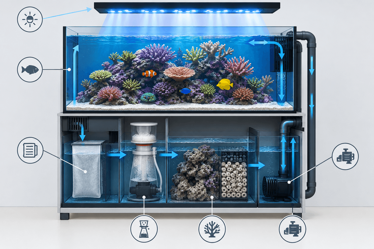 Schéma de circulation et filtration d’un récifal de 200 litres.