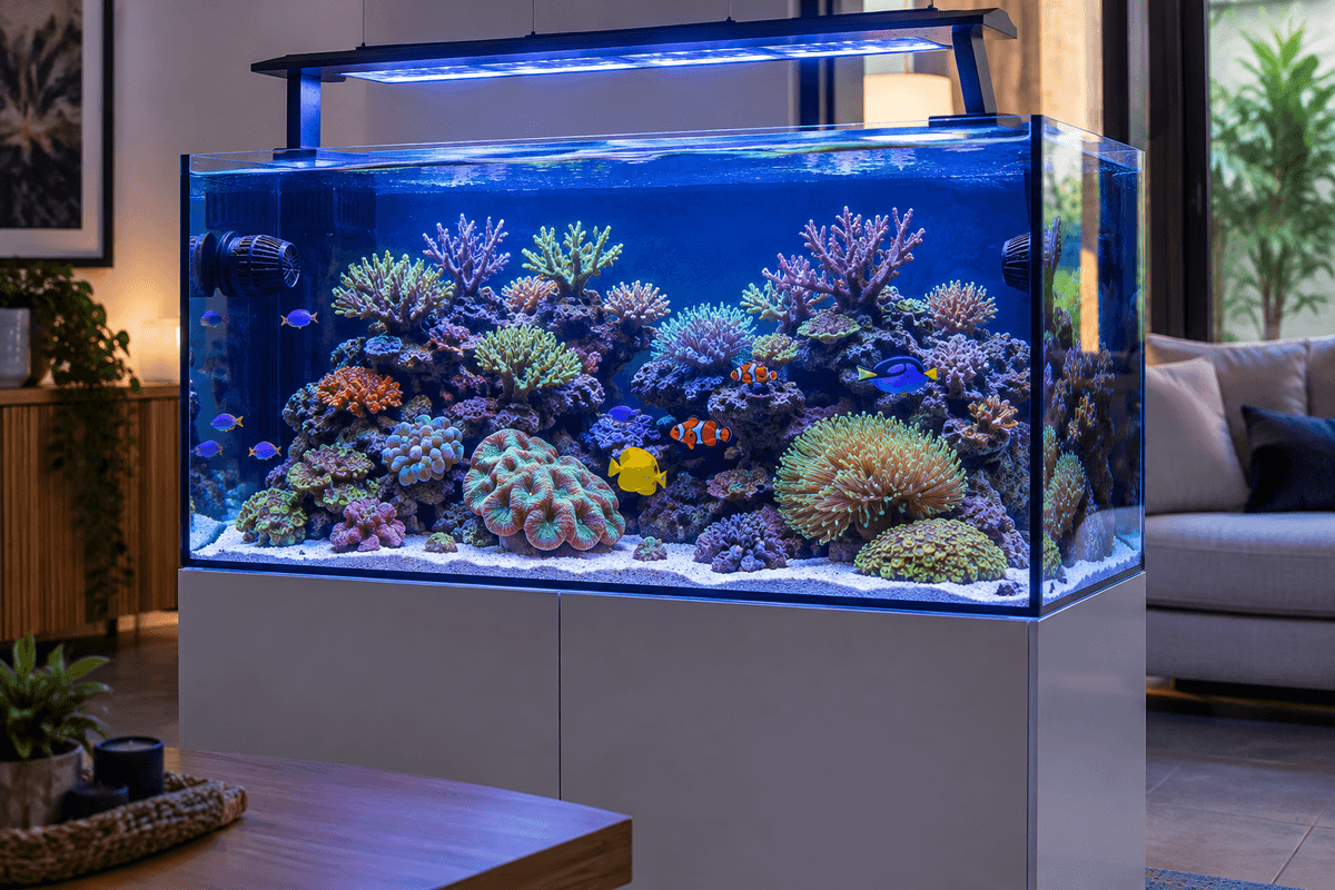 Un aquarium récifal de 200 litres équilibré, avec roche vivante et coraux en pleine santé.